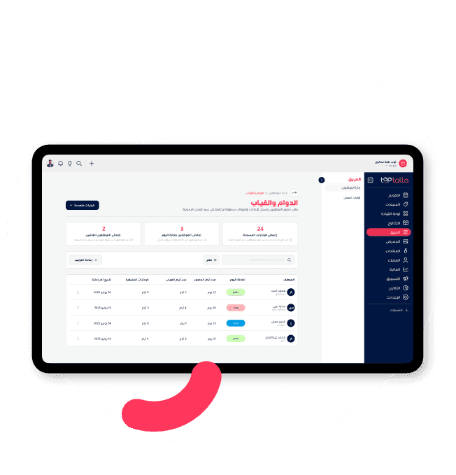 لوحة متابعة الحضور والغياب للموظفين في توب طلة.
