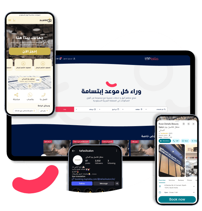 Toptalla platform displaying online booking options through website, Instagram, and Google Maps