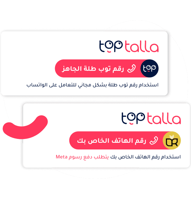 Toptalla WhatsApp setup showing free ready number vs. custom number requiring Meta payment