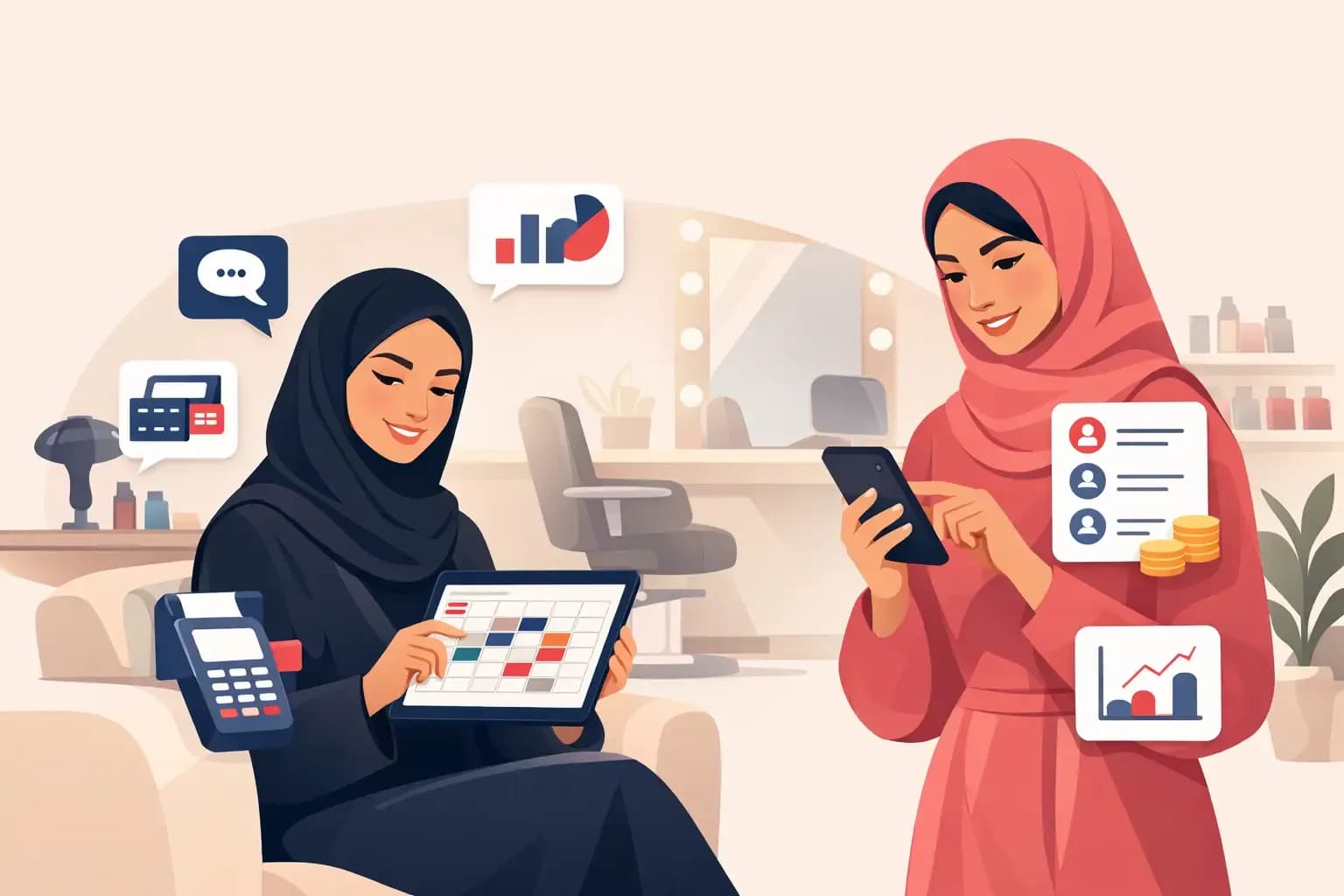 صاحبة صالون تستخدم جهازًا لوحيًا