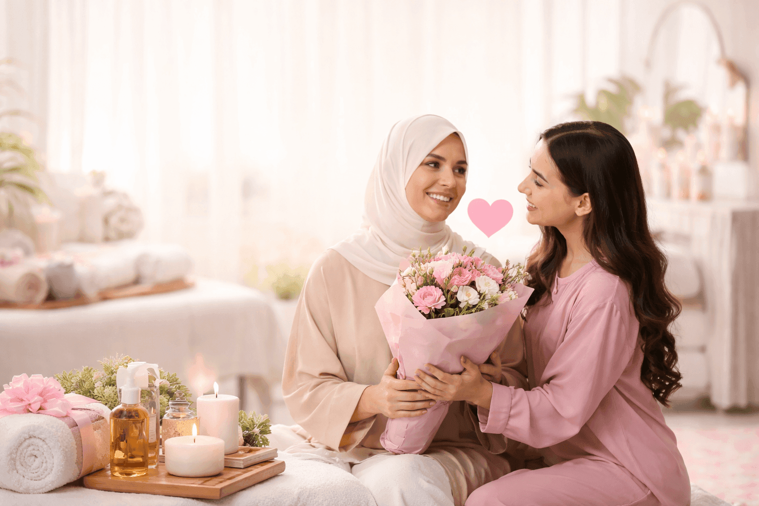 A daughter gifting her mother a bouquet of flowers