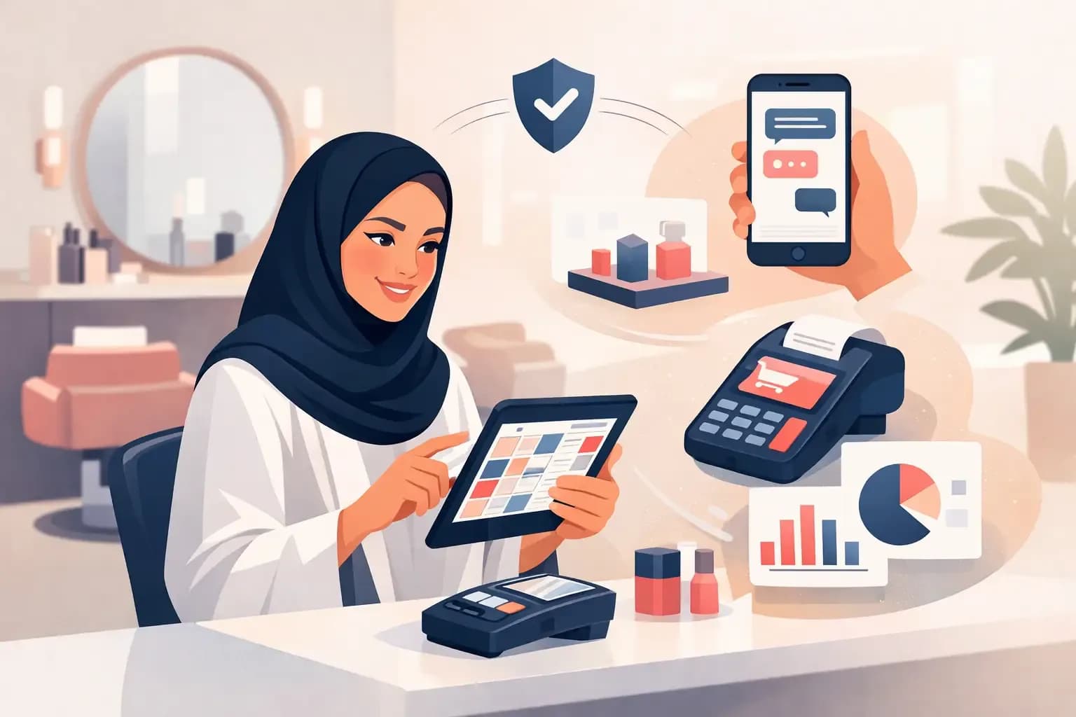 صاحبة صالون تستخدم جهازًا لوحيًا