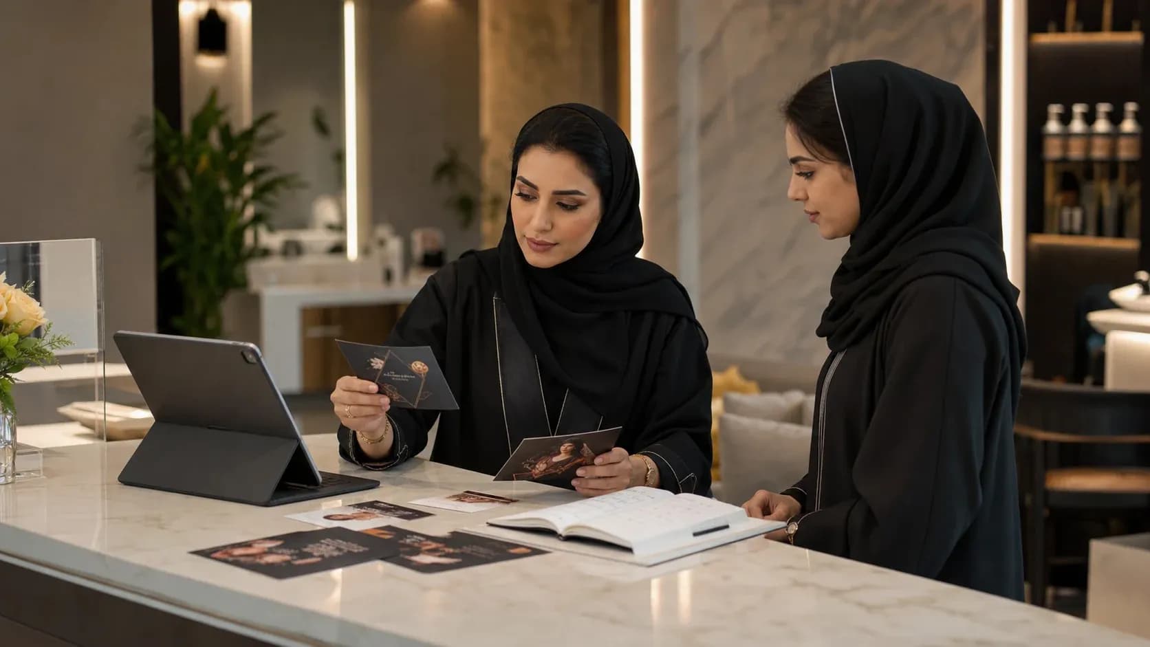 Saudi salon manager reviewing offer cards and a planning calendar at reception before cleaning up August promotions