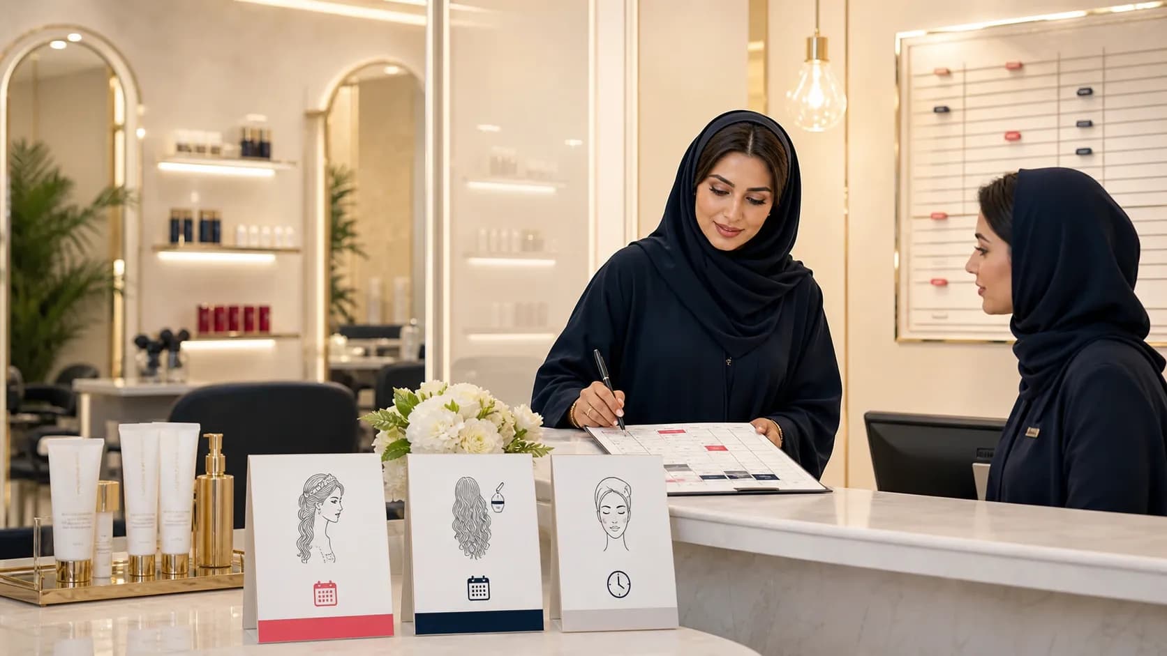 مديرة صالون سعودية تراجع توزيع مواعيد وخدمات مختلفة على لوحة منظمة في استقبال صالون مرتب بإضاءة دافئة