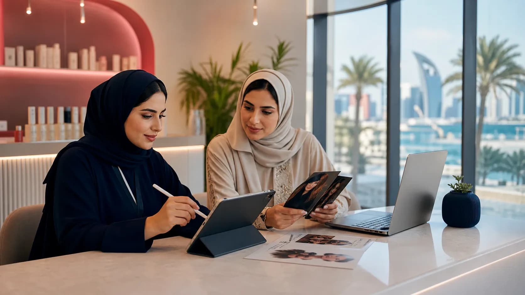 A Saudi salon manager reviews an August branch plan on screen with a clear booking calendar and subtle cues of one summer-destination city and one coastal city
