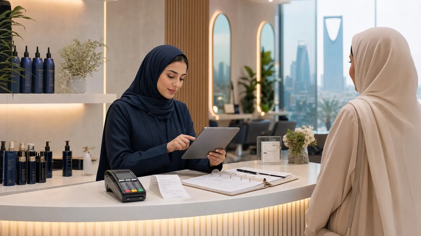 A Saudi salon receptionist reviewing a clear client record and WhatsApp booking flow on a tablet