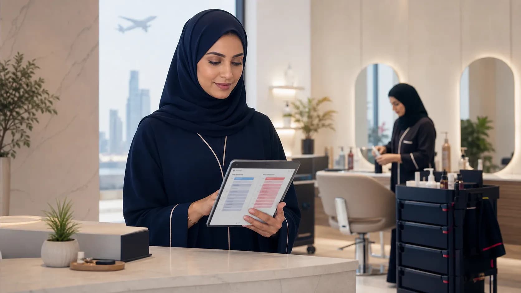 Editorial scene of a Saudi care-center manager reviewing home-service and in-house schedules on a tablet at a calm reception desk.