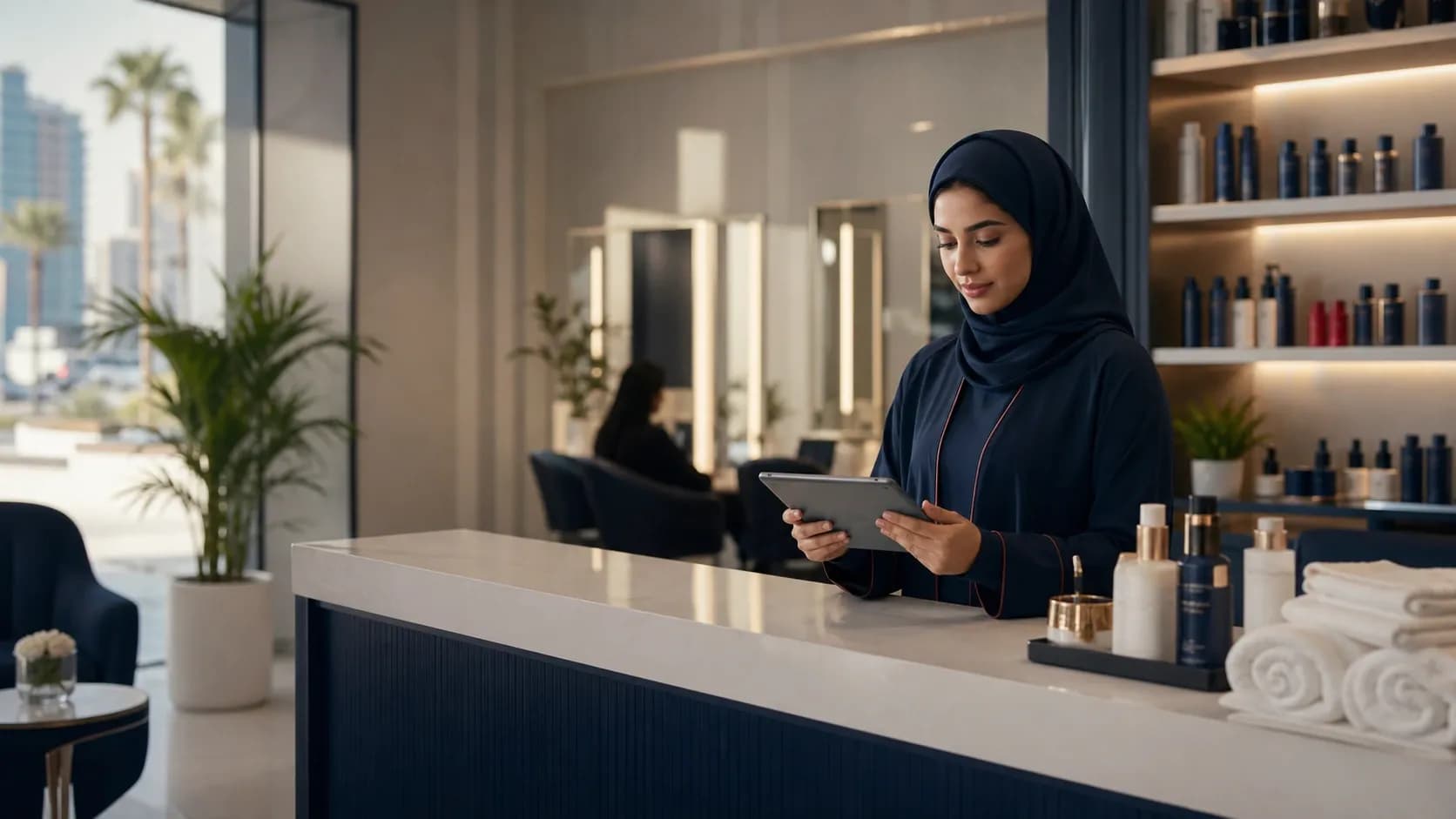 A Saudi salon manager reviewing appointments on a tablet at an organized reception desk in warm late-summer light