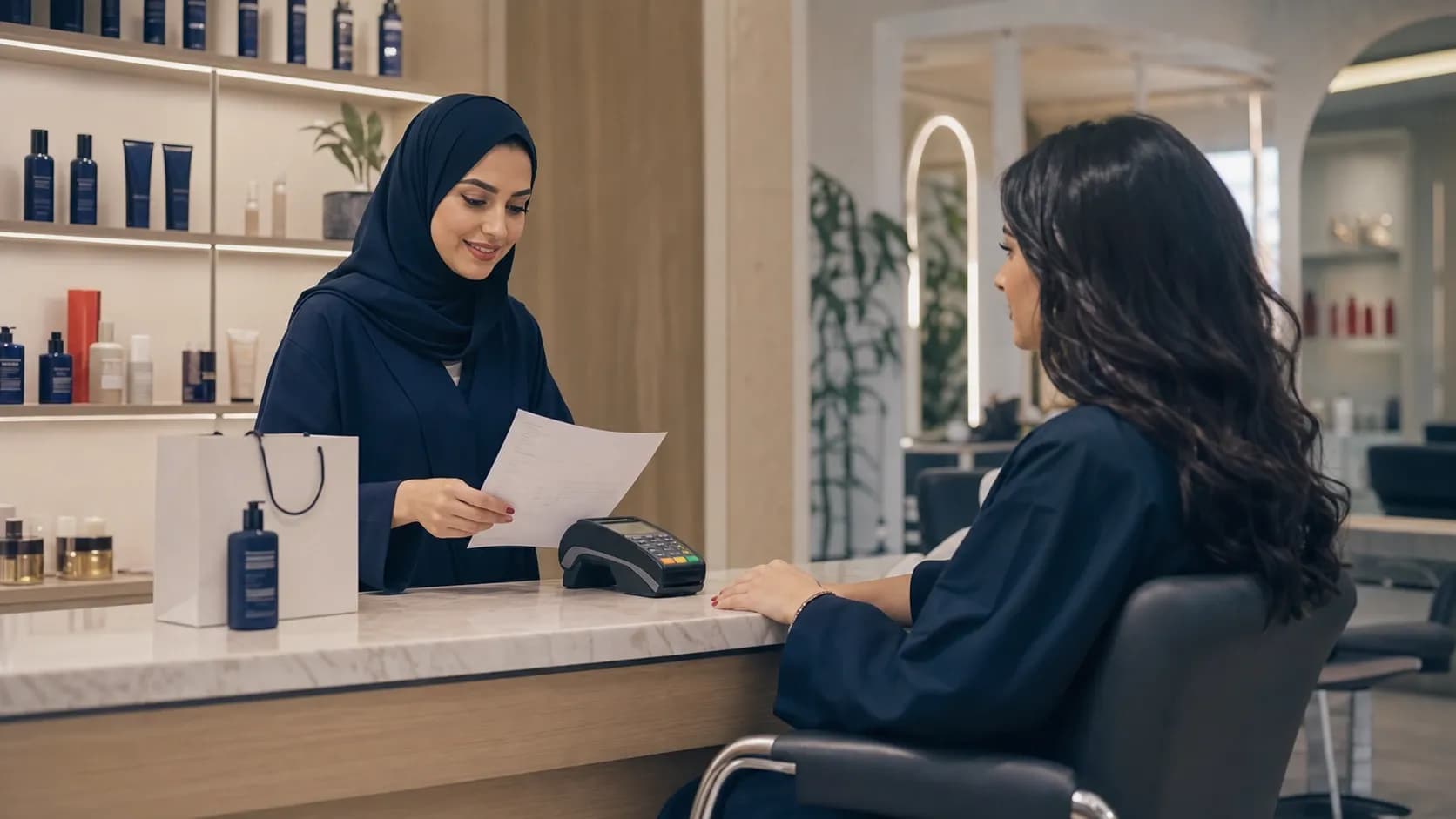 مشهد استقبال في صالون سعودي تُراجع فيه فاتورة خدمة مع منتج وجهاز دفع بشكل منظم