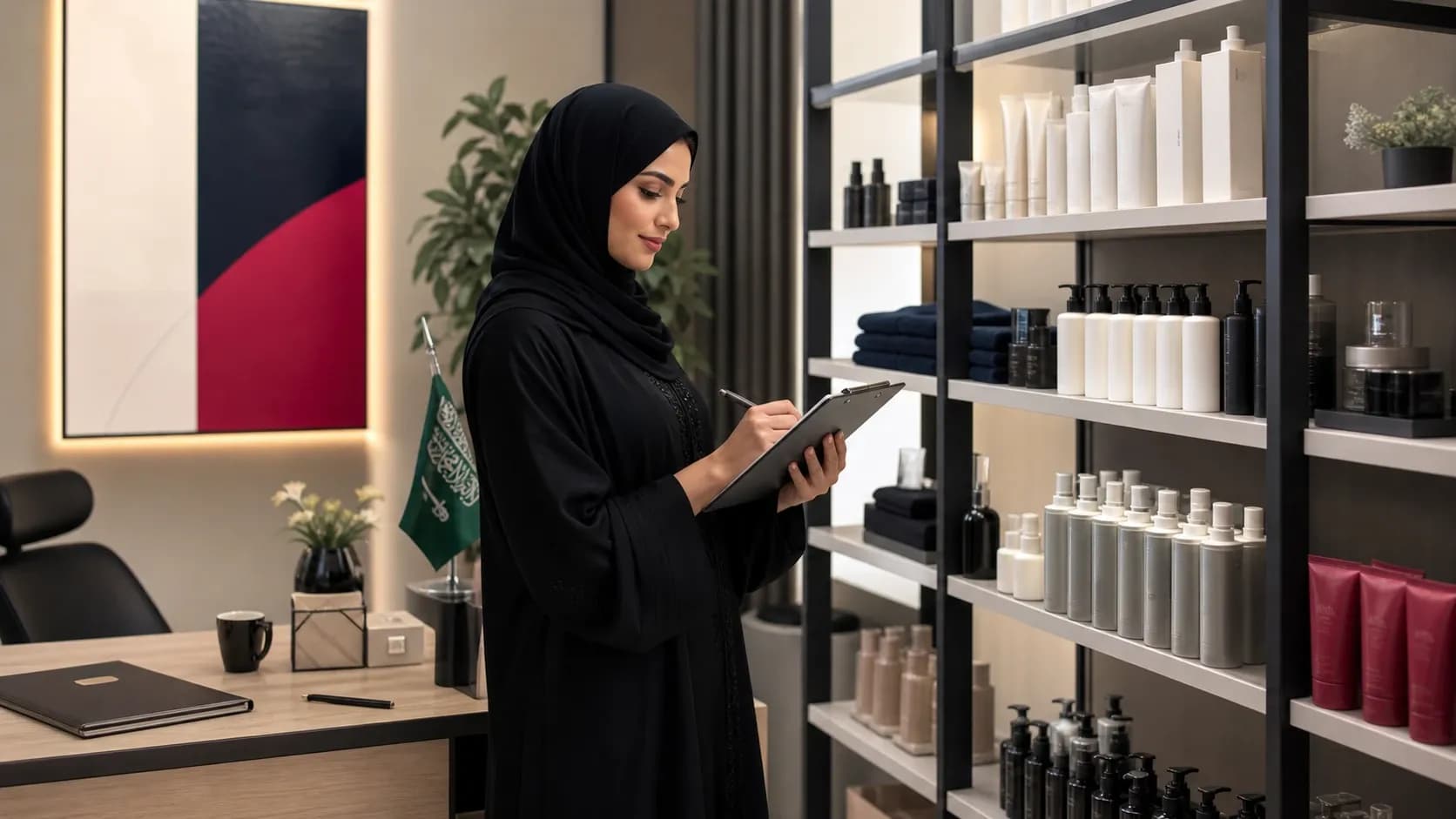 مشهد داخل صالون سعودي منظم يعرض مديرة تراجع رف منتجات وخطة شراء سبتمبر بهدوء