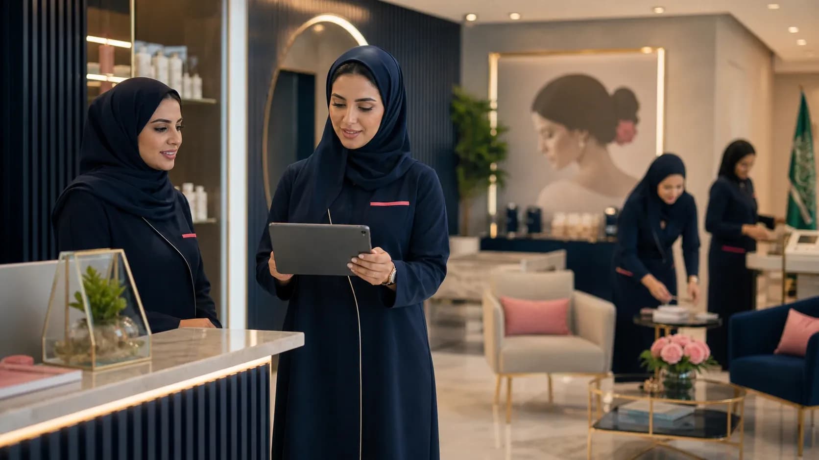 مديرة مركز عناية سعودية تراجع جدول الفريق على جهاز لوحي عند الاستقبال بينما يستعد الفريق لفترتين مختلفتين من ضغط سبتمبر
