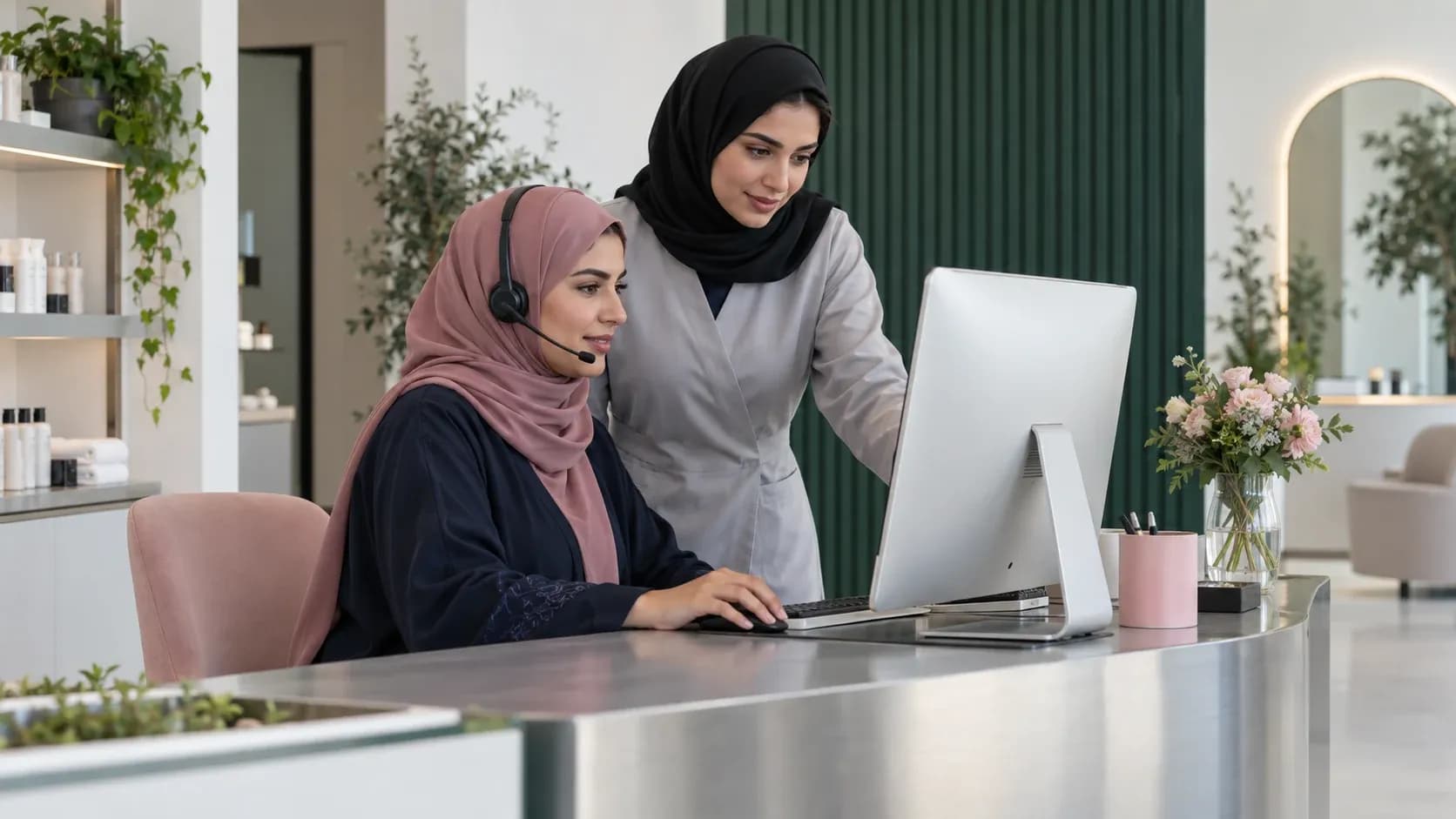 صورة مولدة توضيحية لفريق استقبال يتعاون في خدمة العملاء