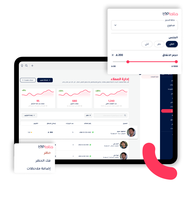 Toptalla customer management dashboard with client filters and ban options