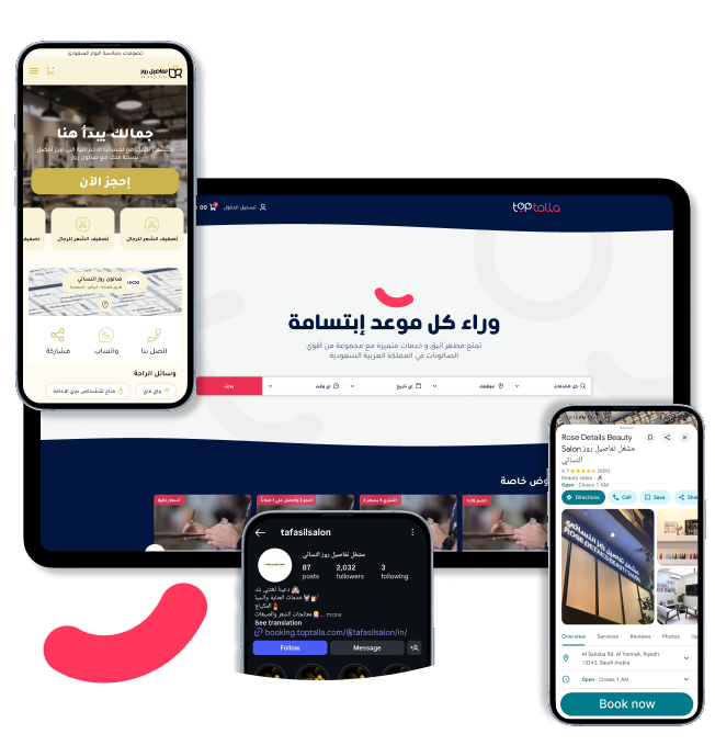 Toptalla platform displaying online booking options through website, Instagram, and Google Maps